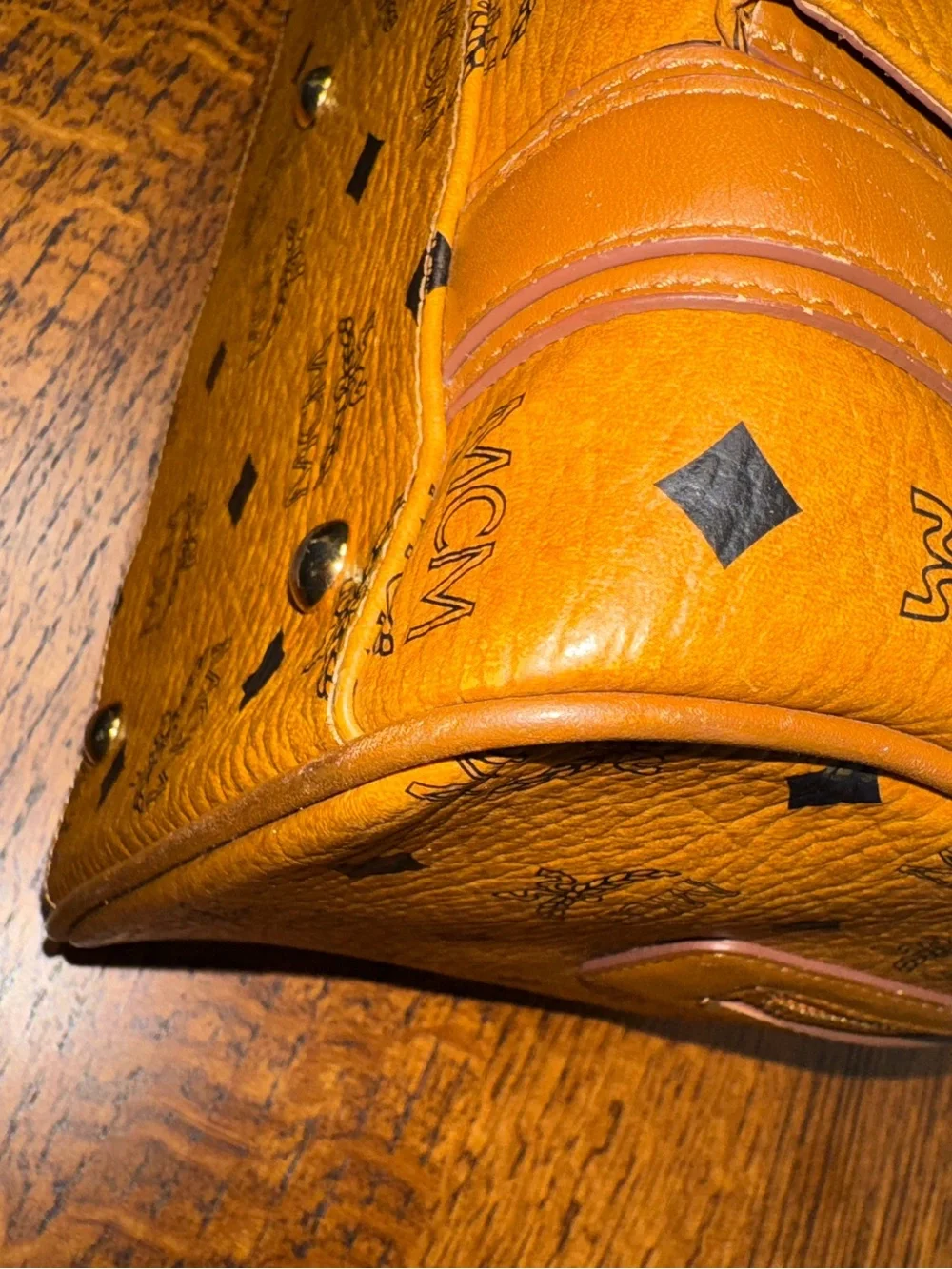 MCM Cognac Visetos Boston Bag w/Front Pocket and COA